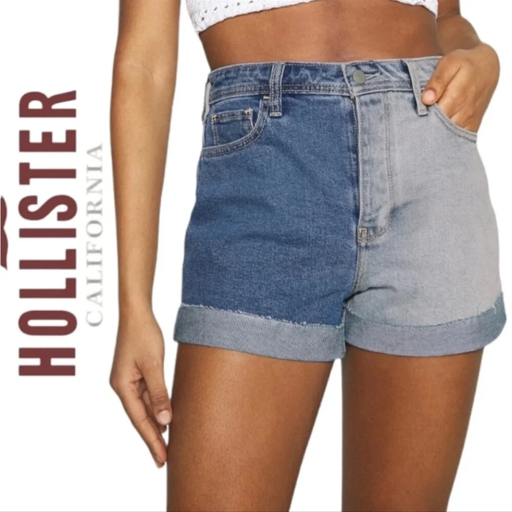 Hollister Ultra High Rise Vintage Stretch Colorblock Denim Shorts Raw Hem 0